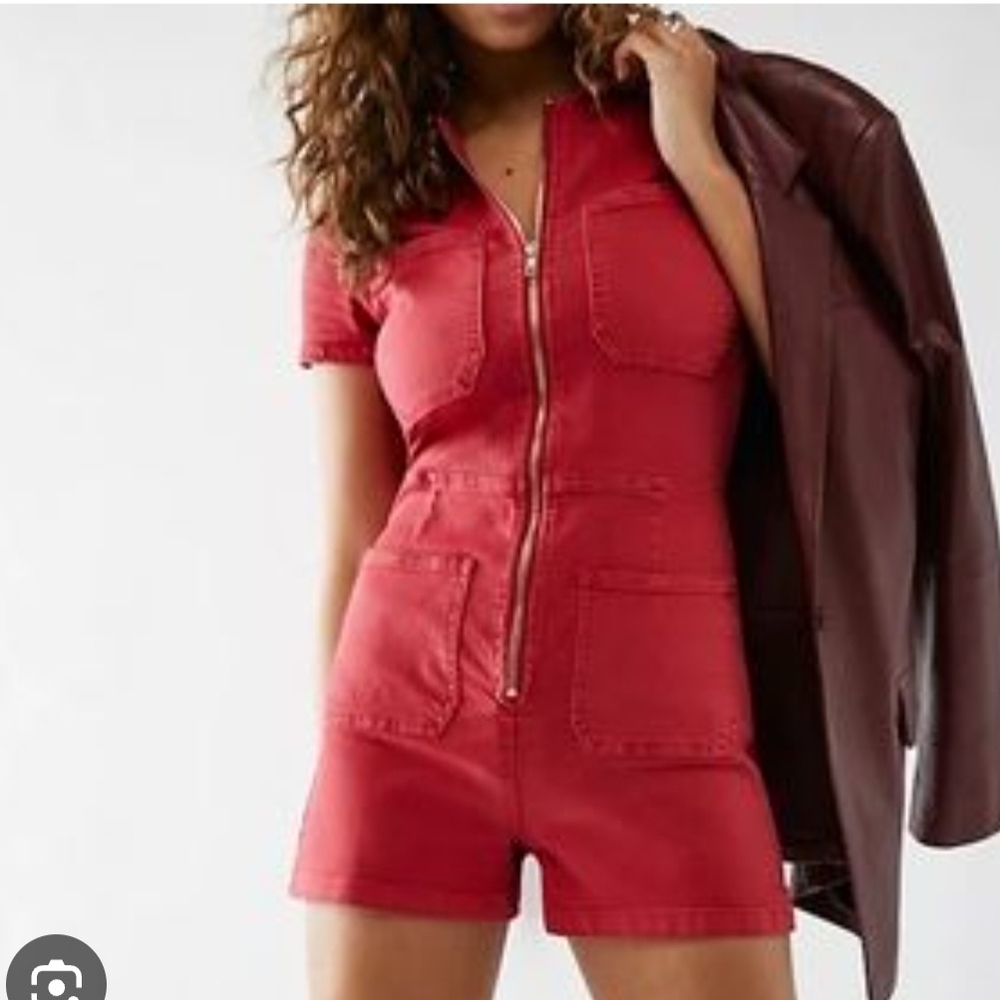 Free People Lotta Love Red Short Sleeve Denim Jumpsuit